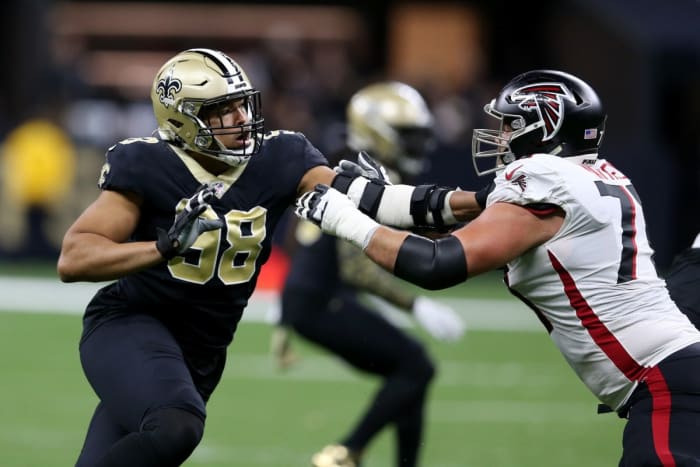 Nov 7, 2021; New Orleans Saints defensive end Payton Turner (98) against Atlanta Falcons tackle Jake Matthews (70). Mandatory Credit: Chuck Cook-USA TODAY Sports